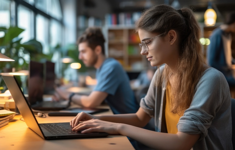 Students working on laptops in a library. 